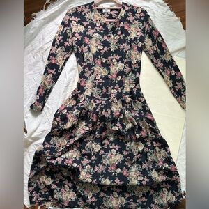 Vintage Laura Ashley Black and Pink Floral Long Sleeve Dress